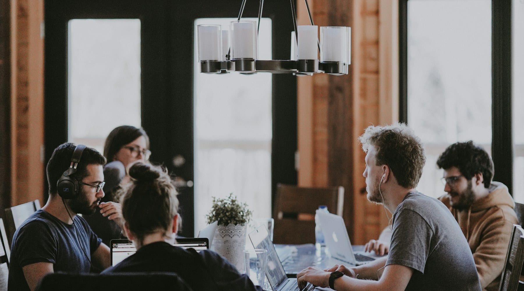 Team members working together in a bright office